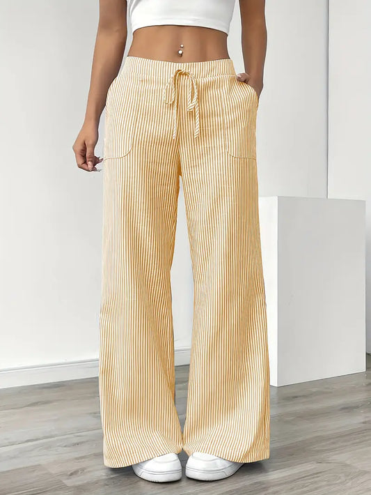 Ribbed Wide Leg Pants – Drawstring Casual Pants for Women