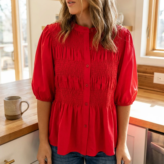 Elowira | Women’s Smocked Button Front Peplum Blouse