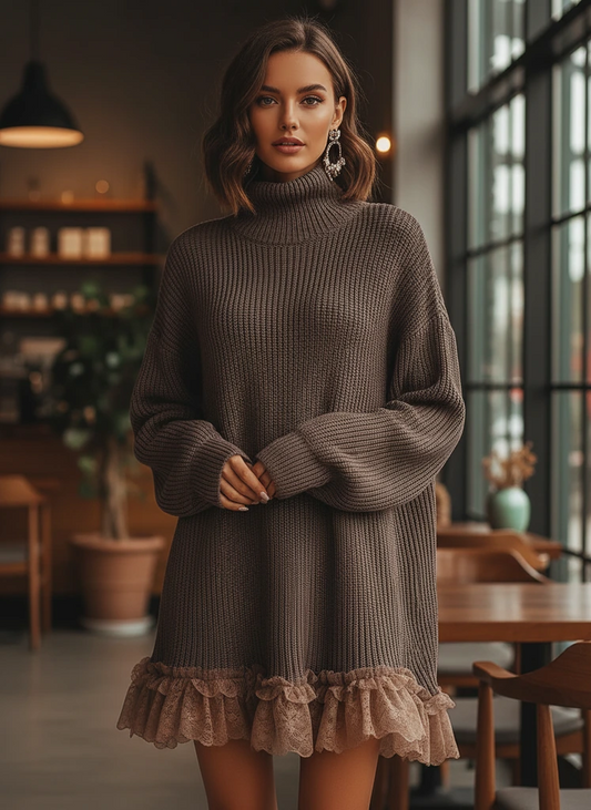Women’s Sweater Dress – Turtleneck Long Sleeve Mini Dress