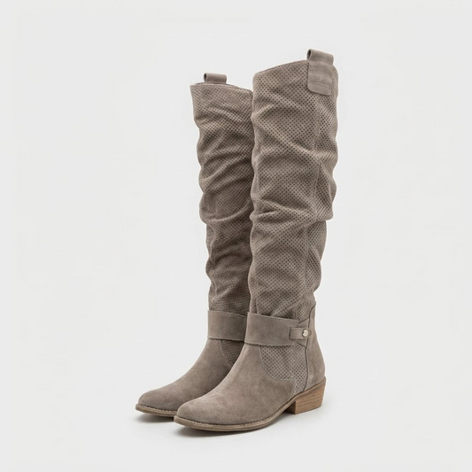 Women’s Knee-High Boots – Perforated Upper with Slouch Design