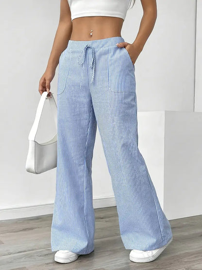 Ribbed Wide Leg Pants – Drawstring Casual Pants for Women