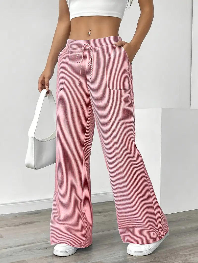 Ribbed Wide Leg Pants – Drawstring Casual Pants for Women