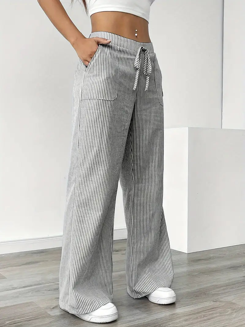 Ribbed Wide Leg Pants – Drawstring Casual Pants for Women