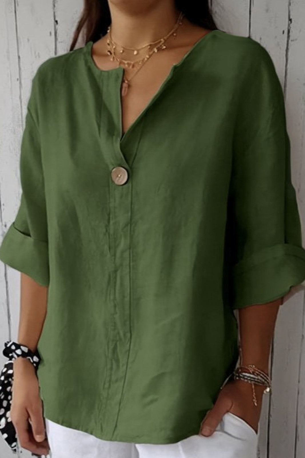 Norevya | Women’s Relaxed Button-Front V-Neck Blouse