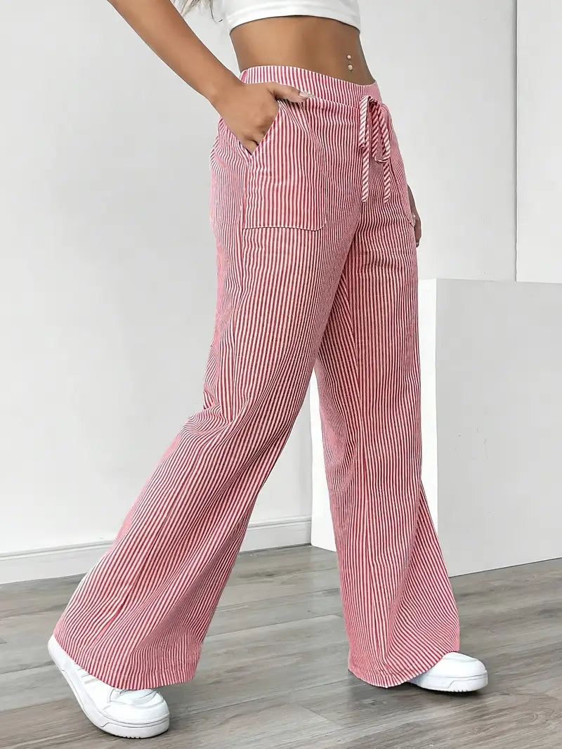 Ribbed Wide Leg Pants – Drawstring Casual Pants for Women