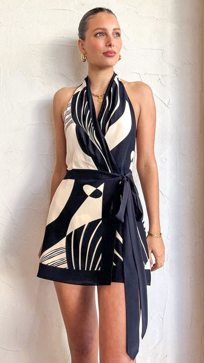 Solenne | Women’s Halter Wrap Tie Waist Mini Dress