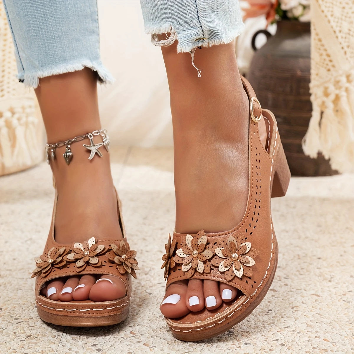Morgan | Summer Slingback Heeled Sandals with Floral Detail