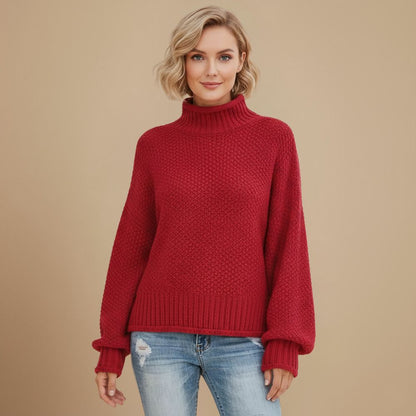Waffle Knit Turtleneck Women Sweater