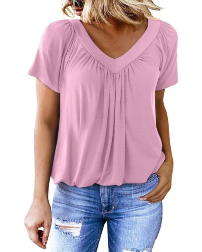 Elowyn | Women’s V-Neck Short Sleeve Relaxed Blouse