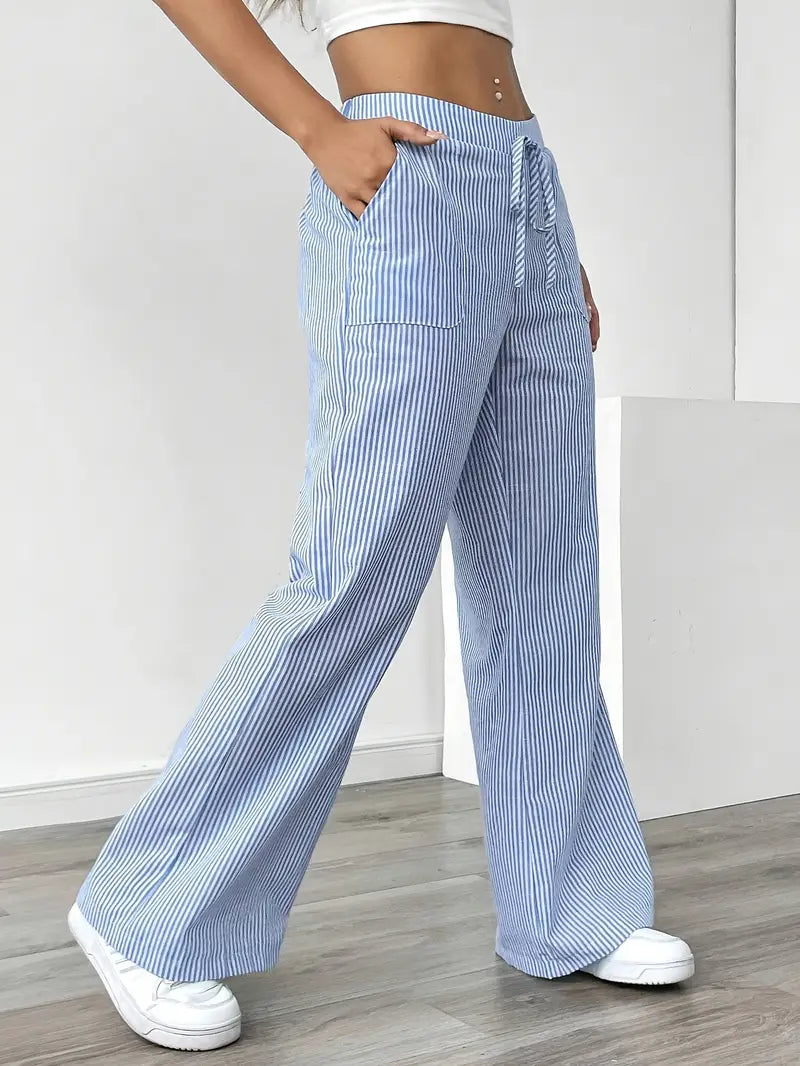 Ribbed Wide Leg Pants – Drawstring Casual Pants for Women