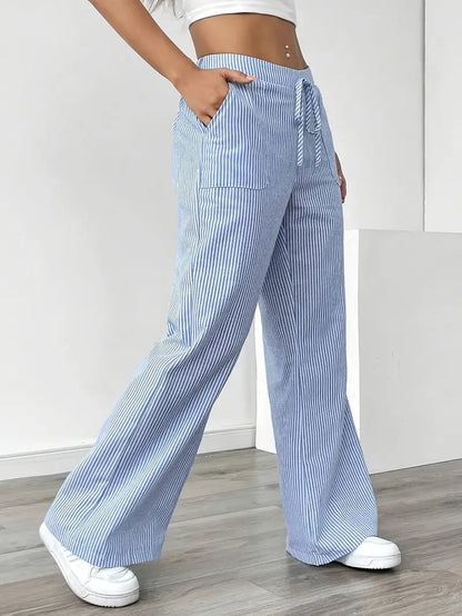 Ribbed Wide Leg Pants – Drawstring Casual Pants for Women