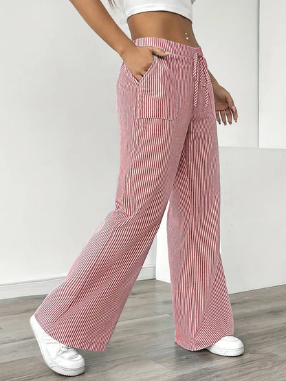 Ribbed Wide Leg Pants – Drawstring Casual Pants for Women
