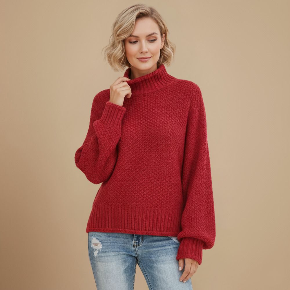 Waffle Knit Turtleneck Women Sweater