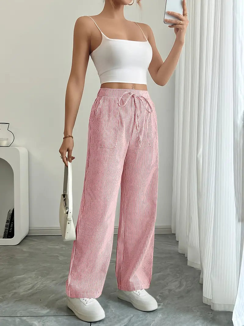 Ribbed Wide Leg Pants – Drawstring Casual Pants for Women