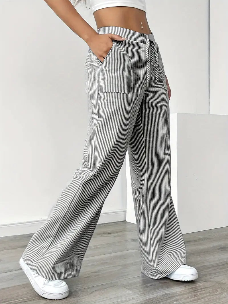 Ribbed Wide Leg Pants – Drawstring Casual Pants for Women