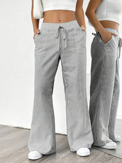 Ribbed Wide Leg Pants – Drawstring Casual Pants for Women