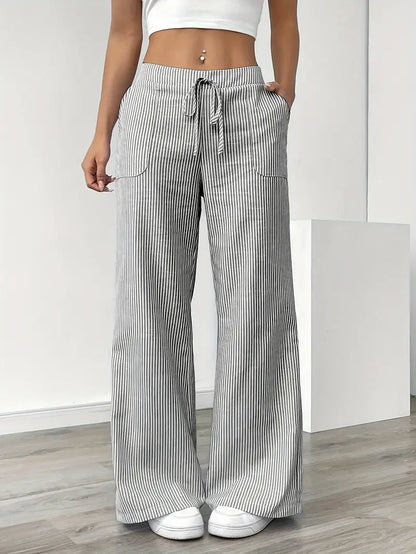 Ribbed Wide Leg Pants – Drawstring Casual Pants for Women