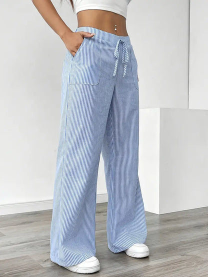 Ribbed Wide Leg Pants – Drawstring Casual Pants for Women