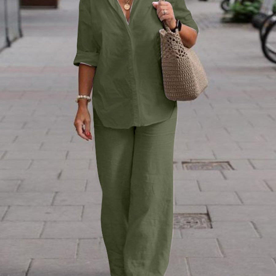 Women 2 Piece Summer Set – Relaxed Shirt and Wide Leg Pants