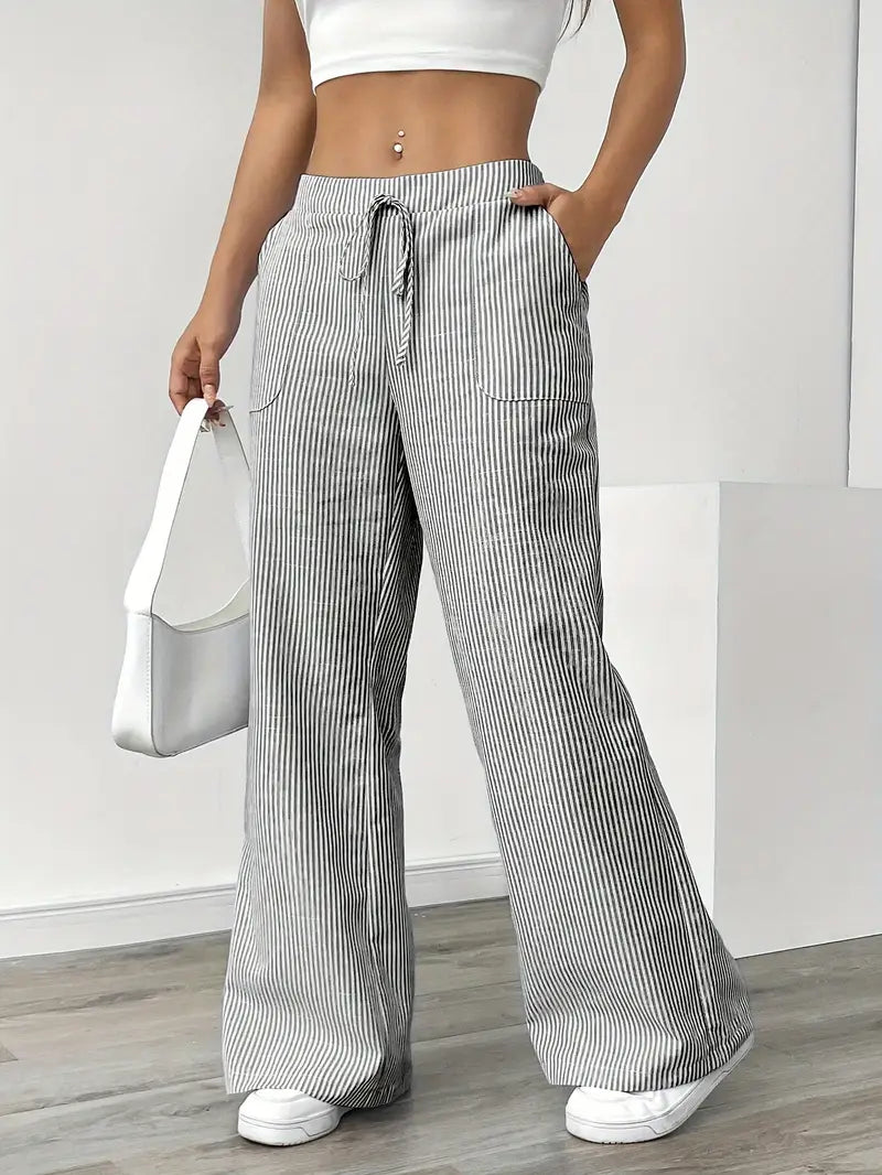 Ribbed Wide Leg Pants – Drawstring Casual Pants for Women