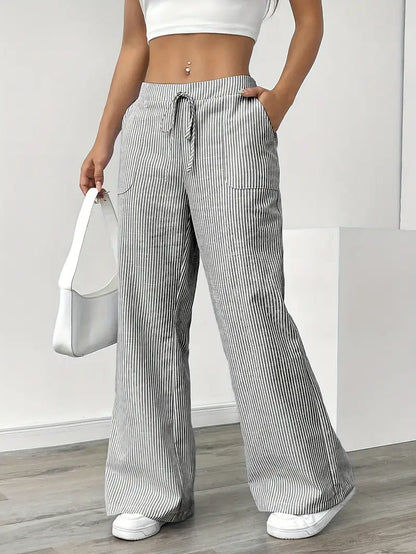 Ribbed Wide Leg Pants – Drawstring Casual Pants for Women