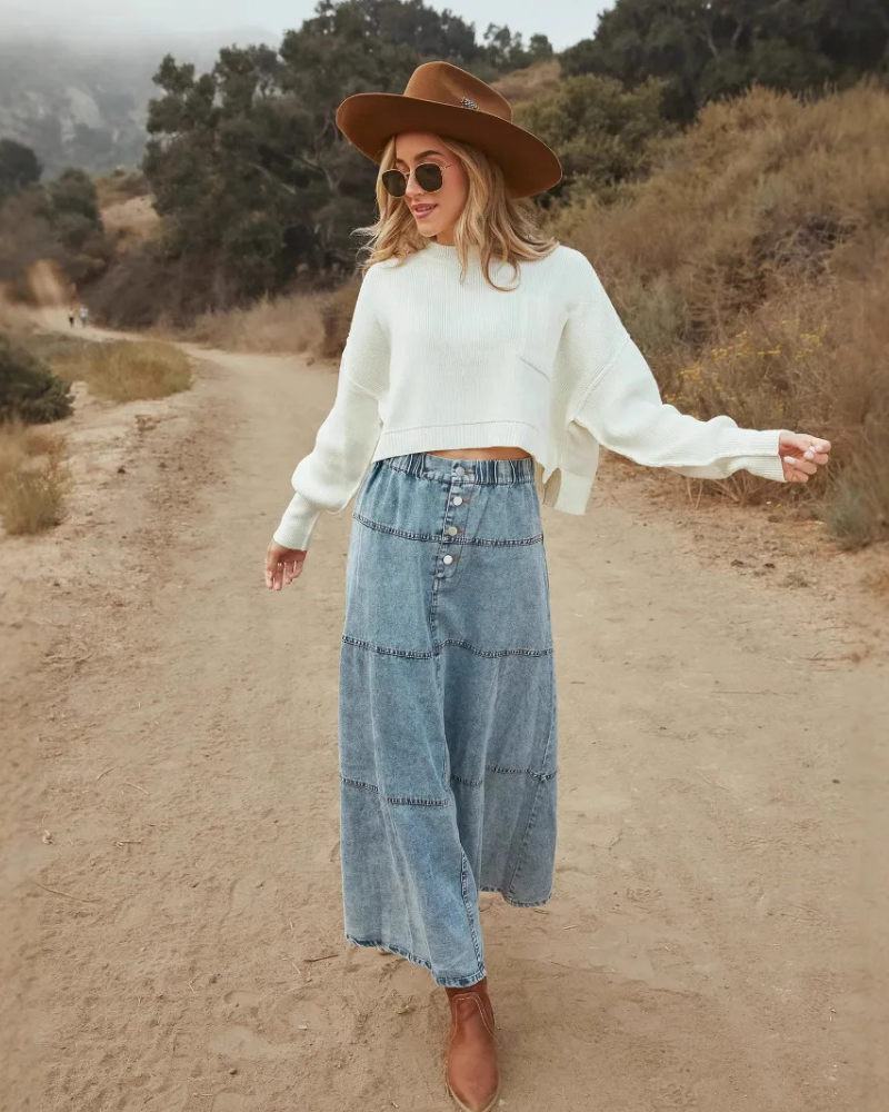 Therenne | Women’s Button Front A-Line Denim Maxi Skirt