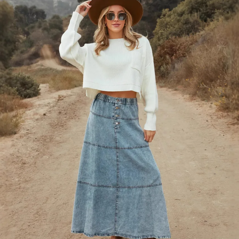 Therenne | Women’s Button Front A-Line Denim Maxi Skirt
