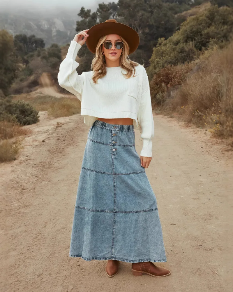 Therenne | Women’s Button Front A-Line Denim Maxi Skirt
