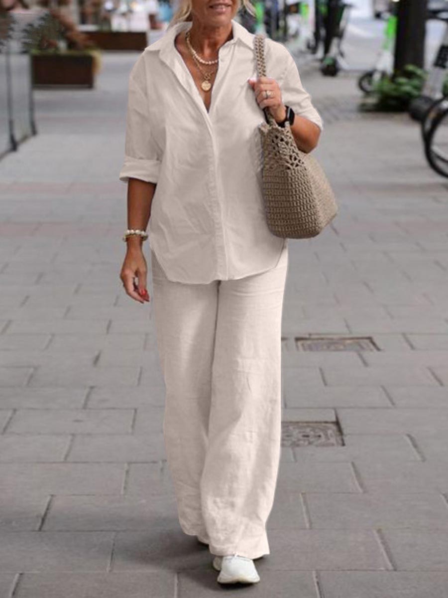 Women 2 Piece Summer Set – Relaxed Shirt and Wide Leg Pants