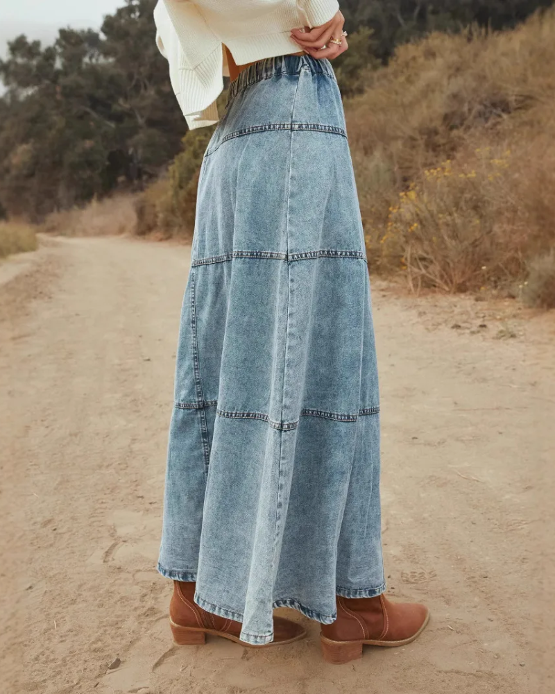 Therenne | Women’s Button Front A-Line Denim Maxi Skirt