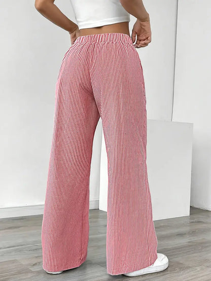 Ribbed Wide Leg Pants – Drawstring Casual Pants for Women