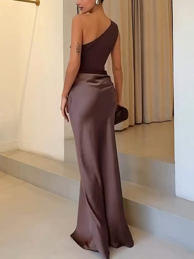 Elegant One Shoulder Pleated Party Maxi Dress – Sophisticated Evening Style