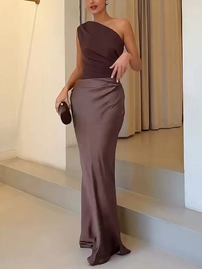 Elegant One Shoulder Pleated Party Maxi Dress – Sophisticated Evening Style