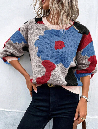 Floral Print Knit Cozy Women Sweater