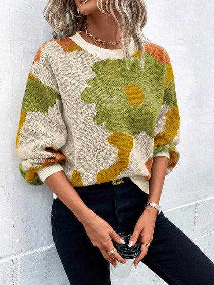 Floral Print Knit Cozy Women Sweater