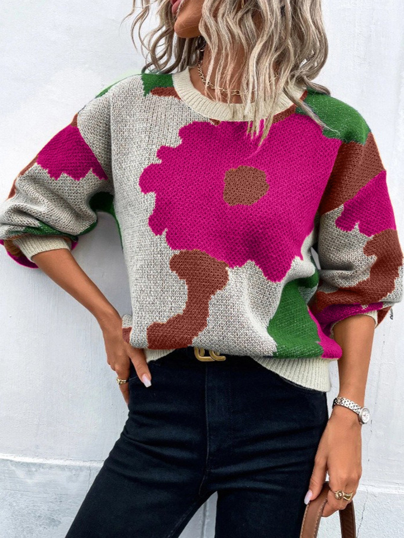 Floral Print Knit Cozy Women Sweater