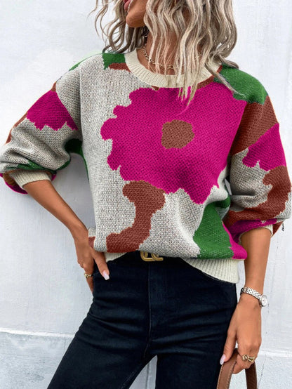 Floral Print Knit Cozy Women Sweater