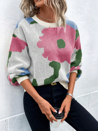 Floral Print Knit Cozy Women Sweater