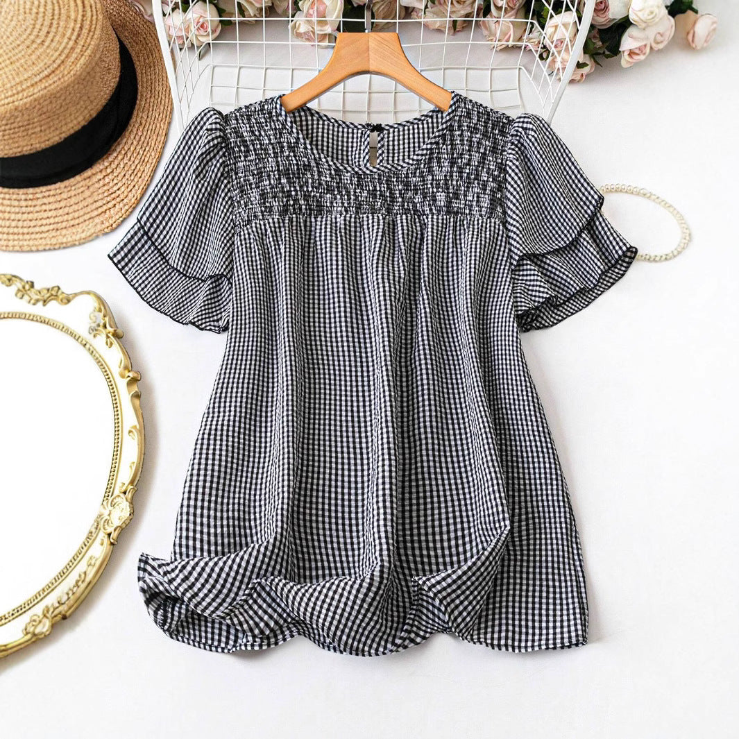 Elvarie | Women’s Smocked Gingham Peplum Blouse