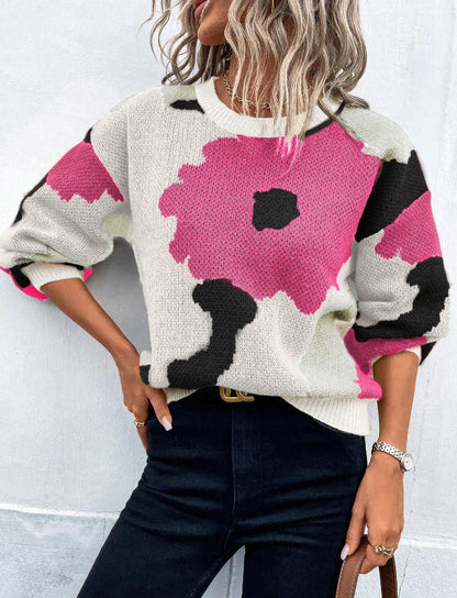 Floral Print Knit Cozy Women Sweater