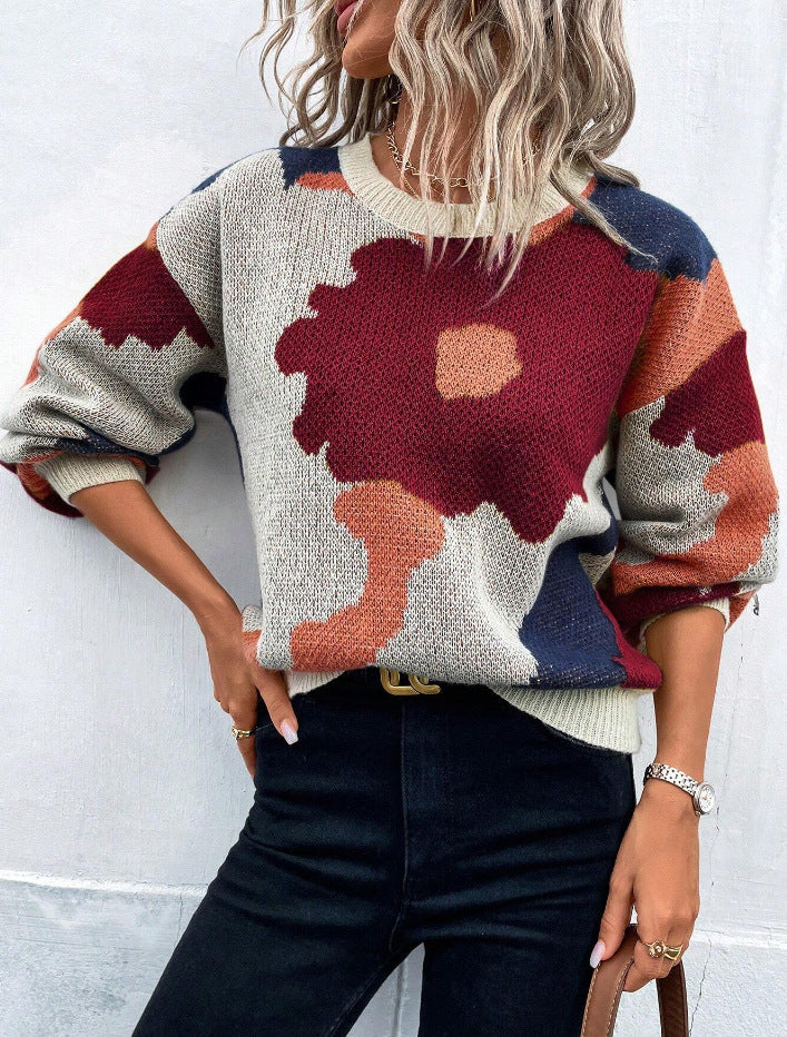 Floral Print Knit Cozy Women Sweater