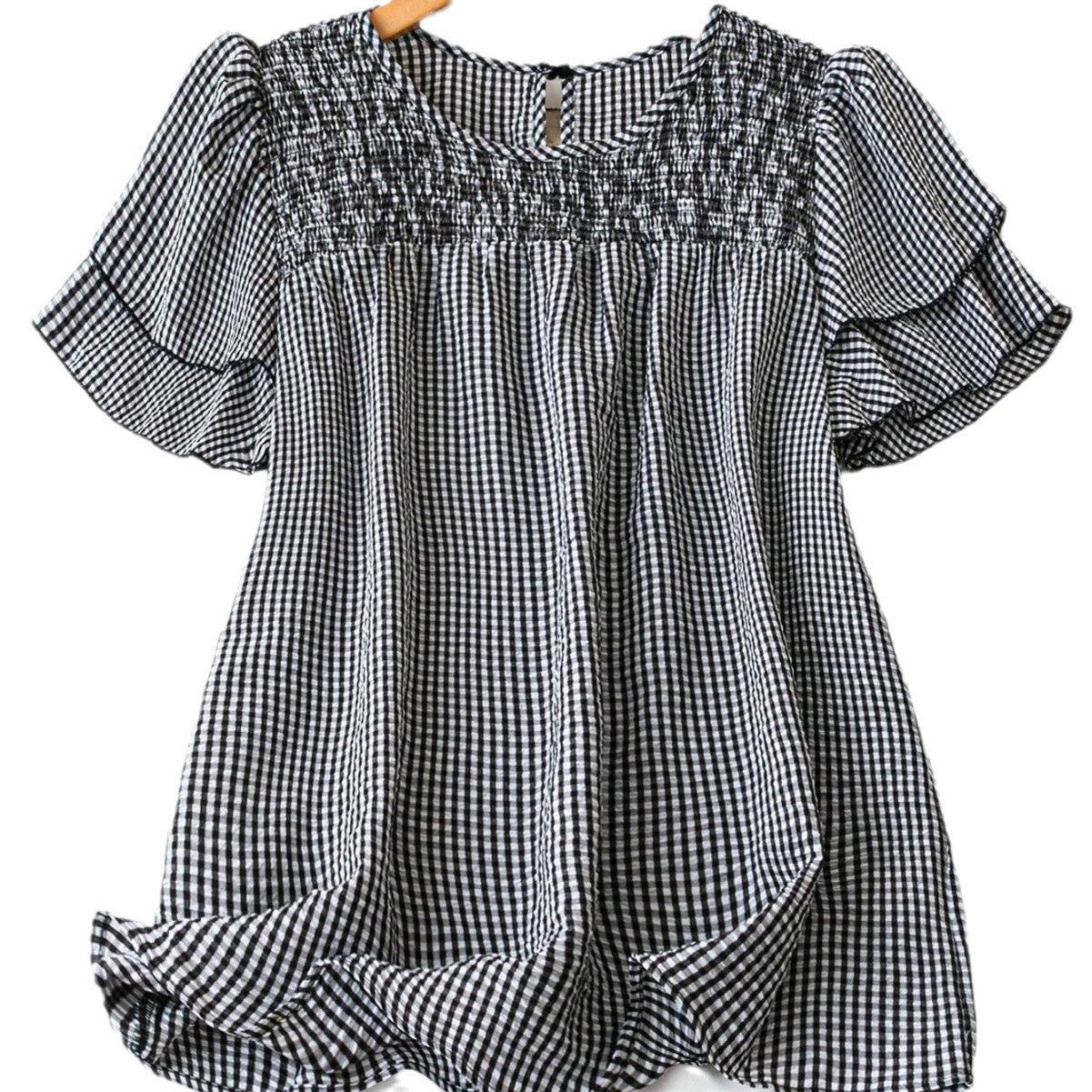 Elvarie | Women’s Smocked Gingham Peplum Blouse