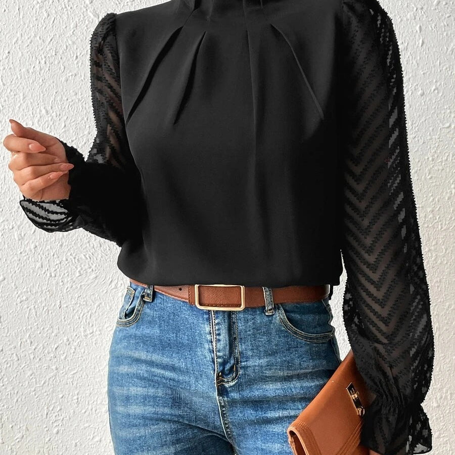 Women’s Long Sleeve Blouse – High Neck Pleated Top