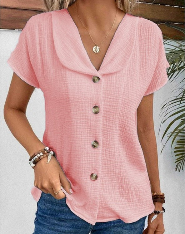 Solara | Women’s Button Front Short Sleeve Relaxed Blouse