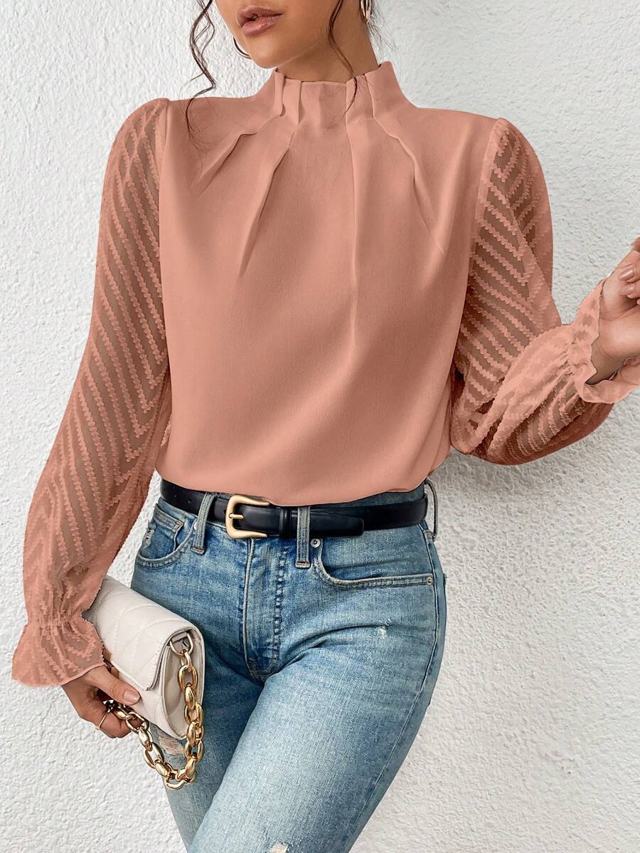 Women’s Long Sleeve Blouse – High Neck Pleated Top