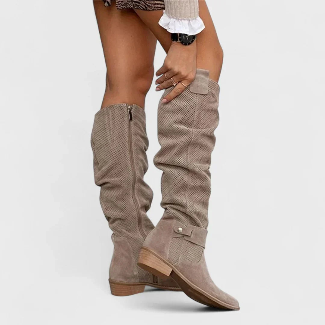 Women’s Knee-High Boots – Perforated Upper with Slouch Design