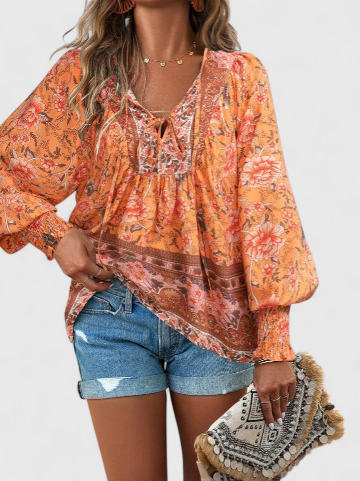 Women’s V-Neck Tie Front Blouse – Long Sleeve Relaxed Fit Top