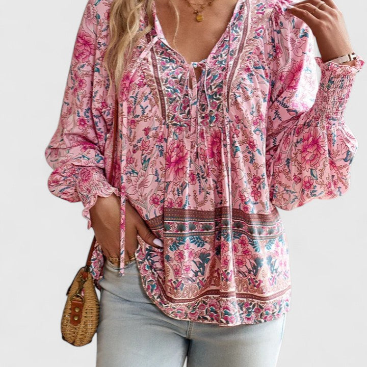 Women’s V-Neck Tie Front Blouse – Long Sleeve Relaxed Fit Top