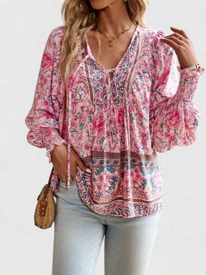Women’s V-Neck Tie Front Blouse – Long Sleeve Relaxed Fit Top