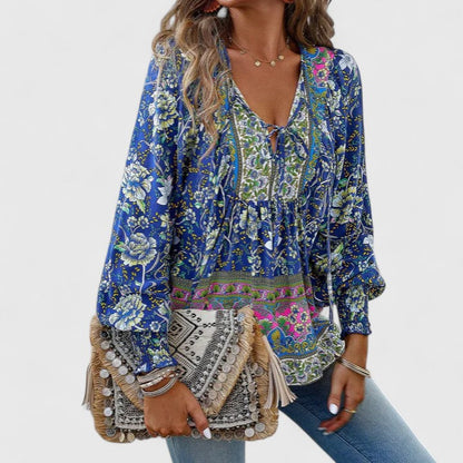 Women’s V-Neck Tie Front Blouse – Long Sleeve Relaxed Fit Top